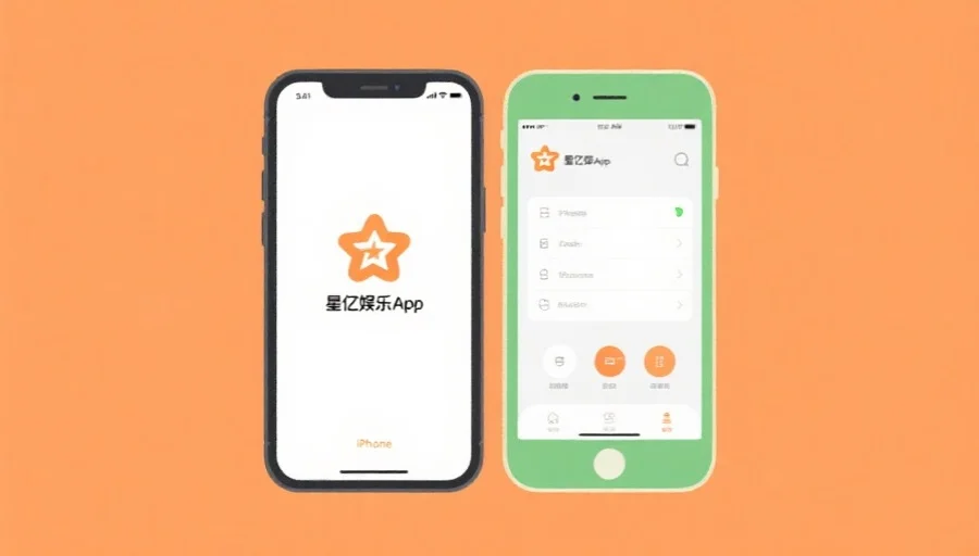 插画风格显示一部iPhone和一部安卓手机并排放置，屏幕上分别显示星亿娱乐App的LOGO及简洁界面
