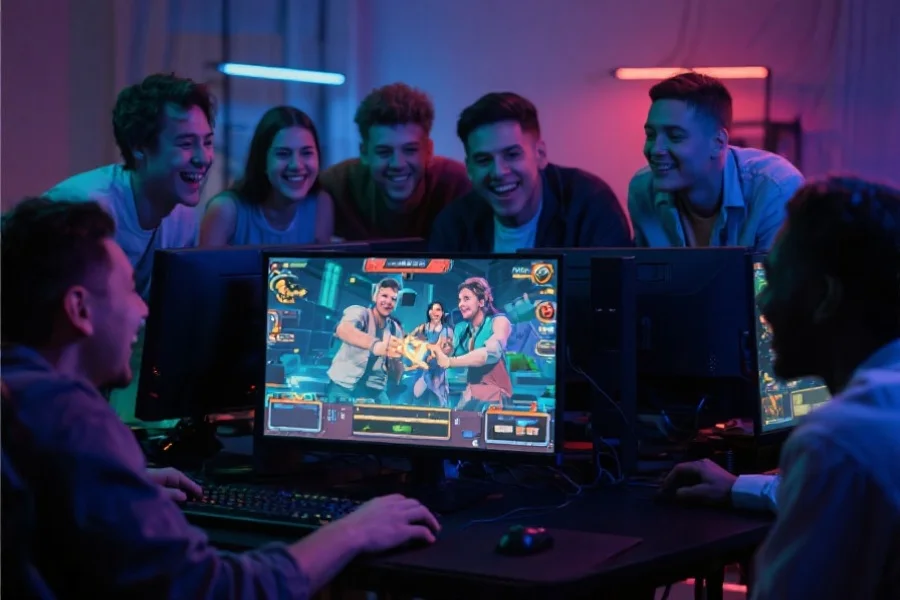 一群游戏玩家围坐在电脑前，屏幕上显示他们合作通关的精彩瞬间，气氛愉快